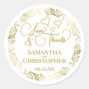 Love & Thanks Elegant Gold & White Wedding Favour Classic Round Sticker