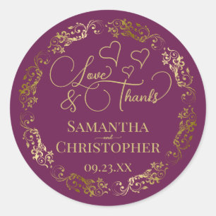 Love & Thanks Elegant Magenta Plum & Gold Wedding Classic Round Sticker