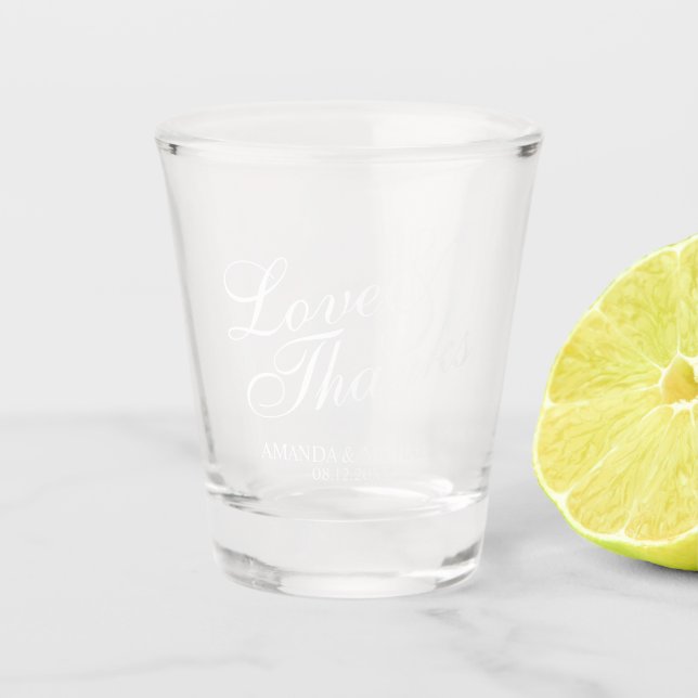 'Love & Thanks' Elegant Script Wedding Favour Shot Glass (Front)
