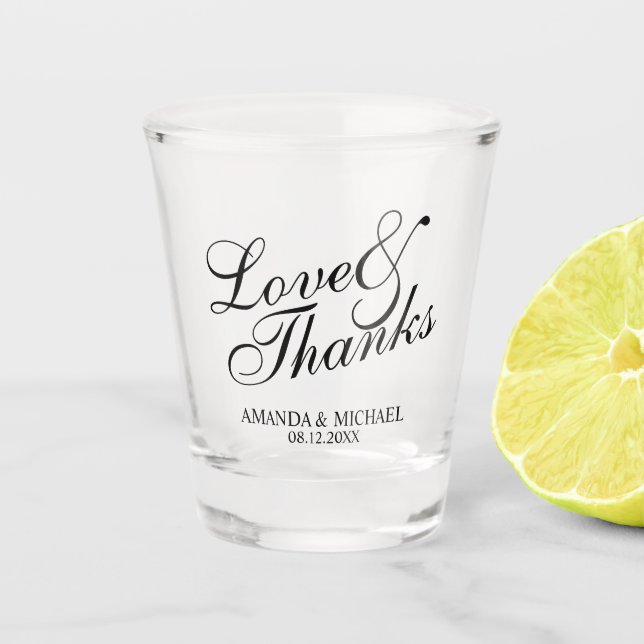 'Love & Thanks' Elegant Script Wedding Favour Shot Glass (Front)