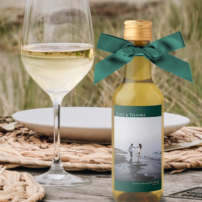 Love & Thanks Emerald Green Wedding Photo Mini Wine Label (Creator Uploaded)