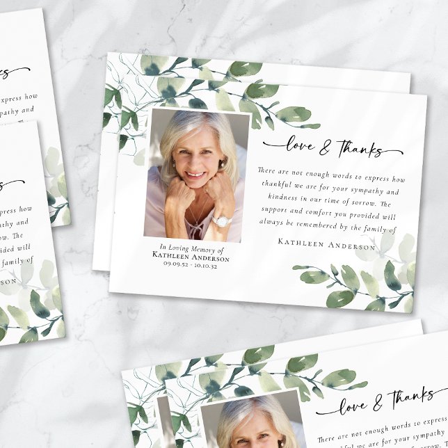Love & Thanks Eucalyptus Funeral Memorial Photo Thank You Card (Creator Uploaded)