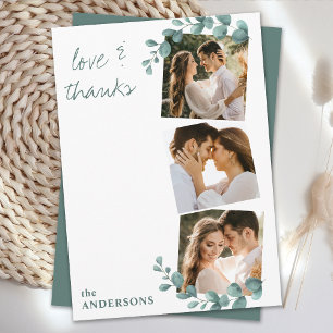 Love Thanks Eucalyptus Greenery 3 Photo Wedding Thank You Card