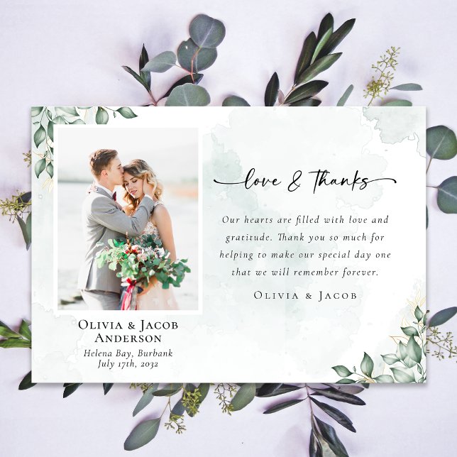 Love & Thanks Eucalyptus Photo Wedding Thank You Card (Creator Uploaded)