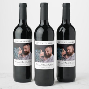 Love & Thanks Formal Black Script Photo Wedding  Wine Label