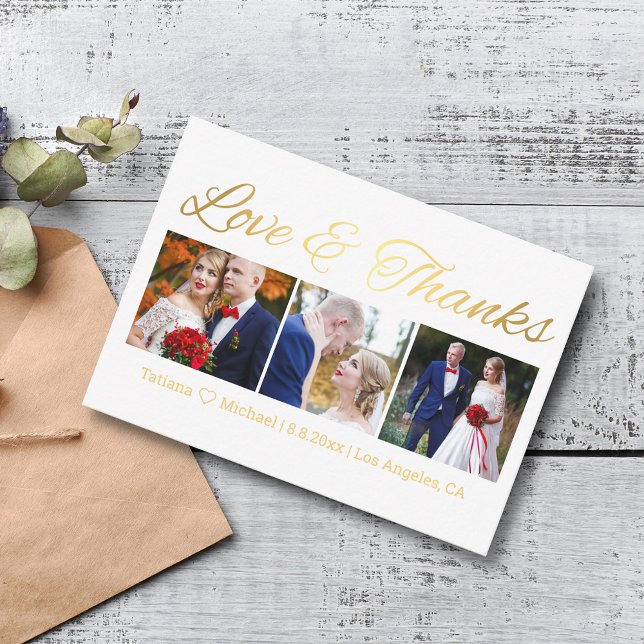 love & thanks gold chic wedding 3 photos collage   card (Creator Uploaded)