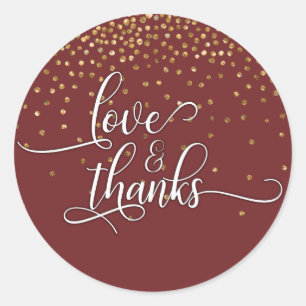 Love & Thanks, Gold Confetti over Burgundy Classic Round Sticker