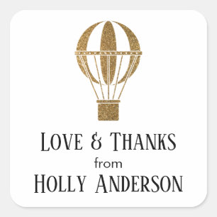 Love & Thanks Gold Glitter Hot Air Balloon w/ Name Square Sticker