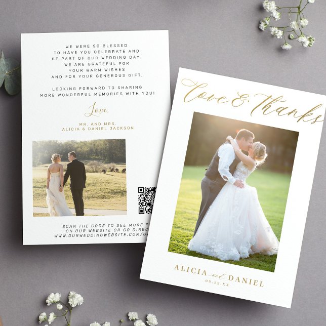 Love thanks gold script 2 photo wedding thank you card (Creator Uploaded)
