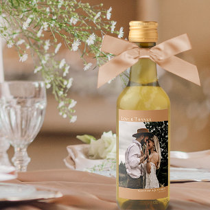 Love & Thanks Golden Tan Wedding Photo Mini Wine Label