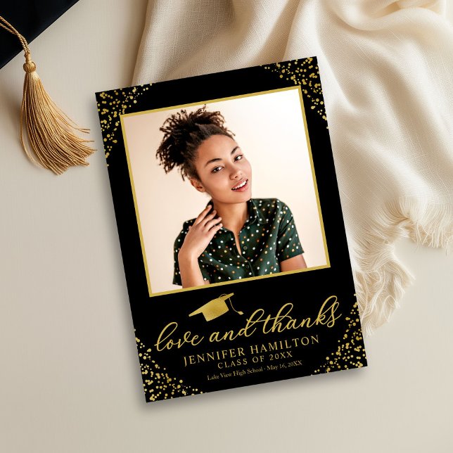  Love & Thanks Graduation Cap Gold Foil On Black Invitation (Creator Uploaded)