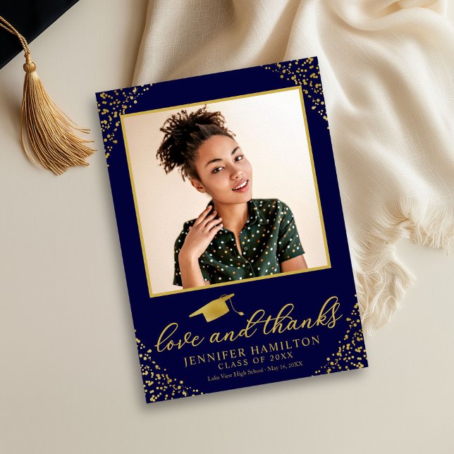  Love & Thanks Graduation Cap Gold Foil On Blue Invitation (Creator Uploaded)