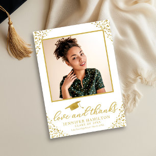  Love & Thanks Graduation Cap Gold Foil On White Invitation