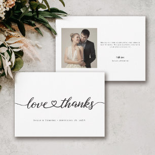 Love & Thanks Heart Script Wedding Photo Modern Thank You Card