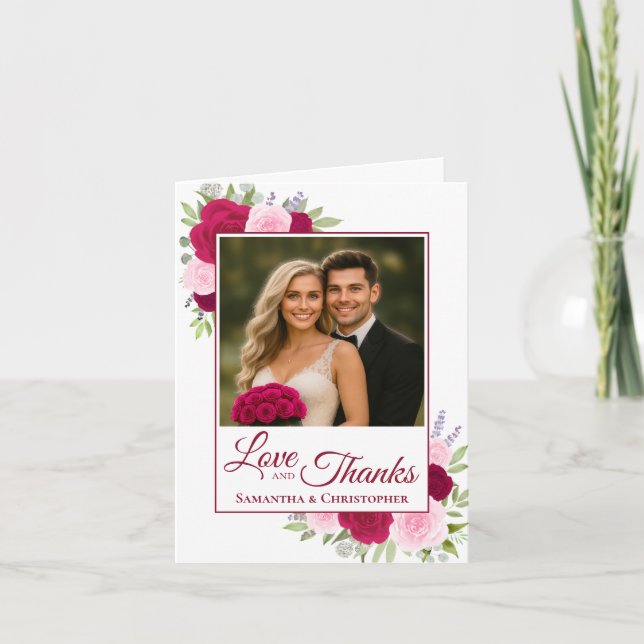 Love & Thanks Magenta Pink Roses Wedding Photo  Thank You Card (Front)