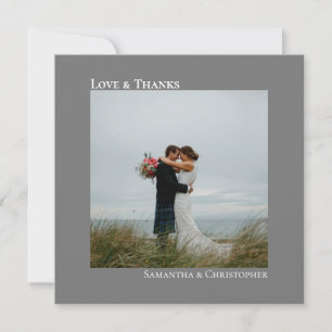 Love & Thanks Minimal Grey Wedding Photo Thank You Card