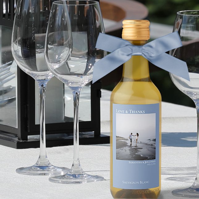 Love & Thanks Minimalist Blue Wedding Photo Mini Wine Label (Creator Uploaded)