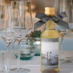 Love & Thanks Minimalist Grey Wedding Photo Mini Wine Label