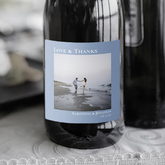 Love & Thanks Minimalist Light Blue Photo Wedding Sparkling Wine Label