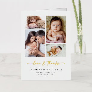 Love & Thanks Modern 4 Photo New Baby Thank You Foil Greeting Card