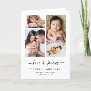 Love & Thanks Modern Four Photo New Baby Folded Thank You Card