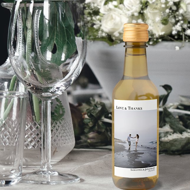Love & Thanks Modern Minimalist Photo Wedding Mini Wine Label (Creator Uploaded)