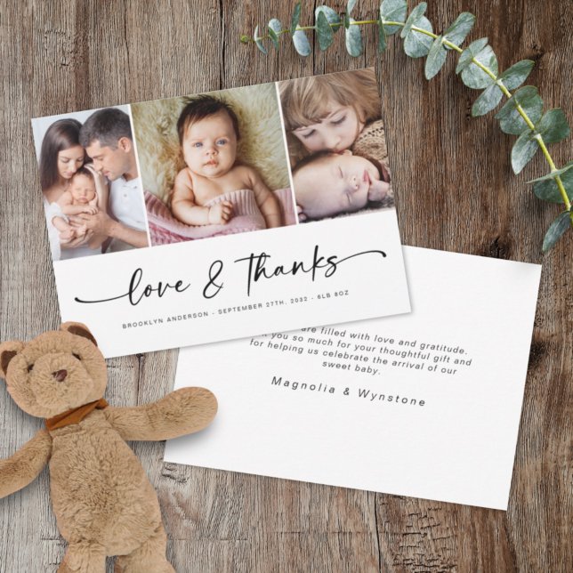 Love & Thanks | Modern Three Photo New Baby  Thank You Card (Creator Uploaded)