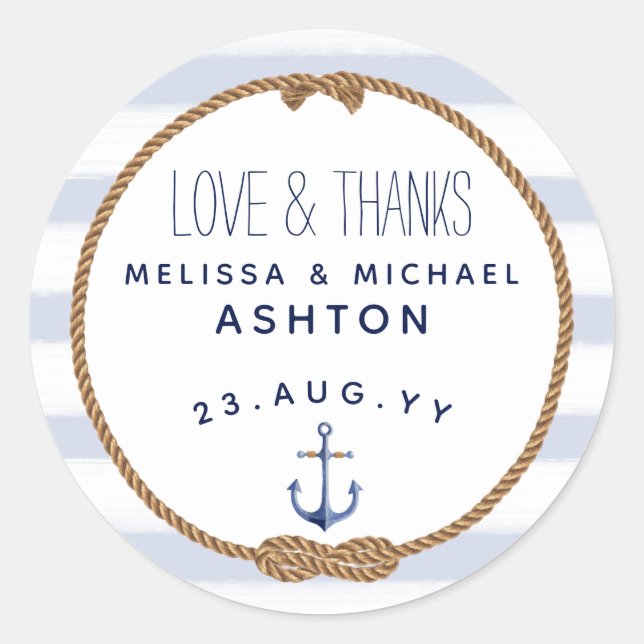 Love & Thanks Nautical Blue & White Wedding Favour Classic Round Sticker (Front)