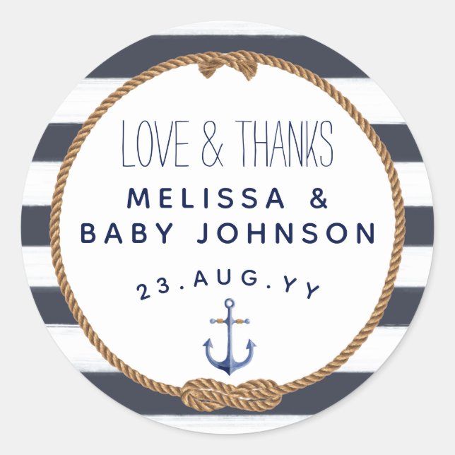 Love & Thanks Nautical Navy Blue Baby Shower Favou Classic Round Sticker (Front)