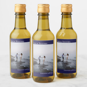 Love & Thanks Navy Blue Simple Photo Wedding Mini Wine Label
