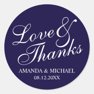 'Love & Thanks' Navy & White Wedding Favour Classic Round Sticker