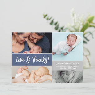 Love & Thanks Photo Collage Blue Baby boy Shower Thank You Card
