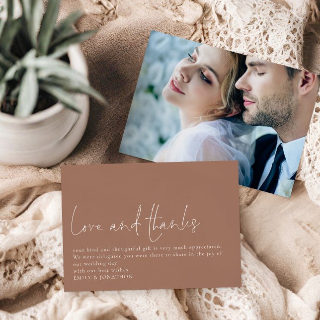 Love Thanks Photo Soft Brown Wedding Thank You Card (Front and back view)