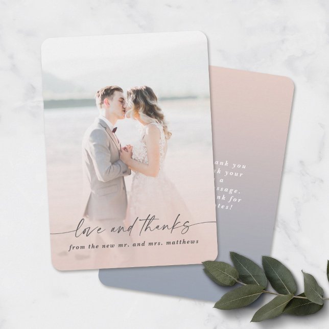 Love & Thanks Pink & Blue Wedding Photo Overlay Thank You Card (Creator Uploaded)