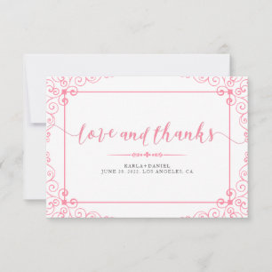 Love & Thanks Pink Wedding Typography With Frame. Thank You Card