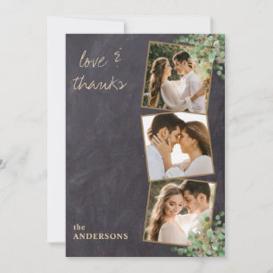 Love & Thanks Rustic 3 Photo Gold Greenery Wedding Thank You Card