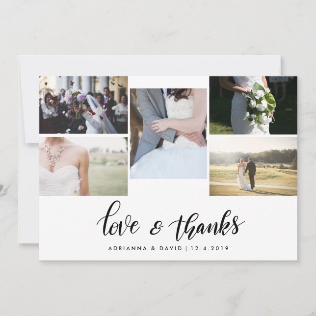 Love & Thanks Script Five Couple Photo Wedding Thank You Card (Front)