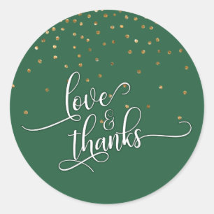 Love & Thanks Script, Gold Confetti and Leaf Green Classic Round Sticker