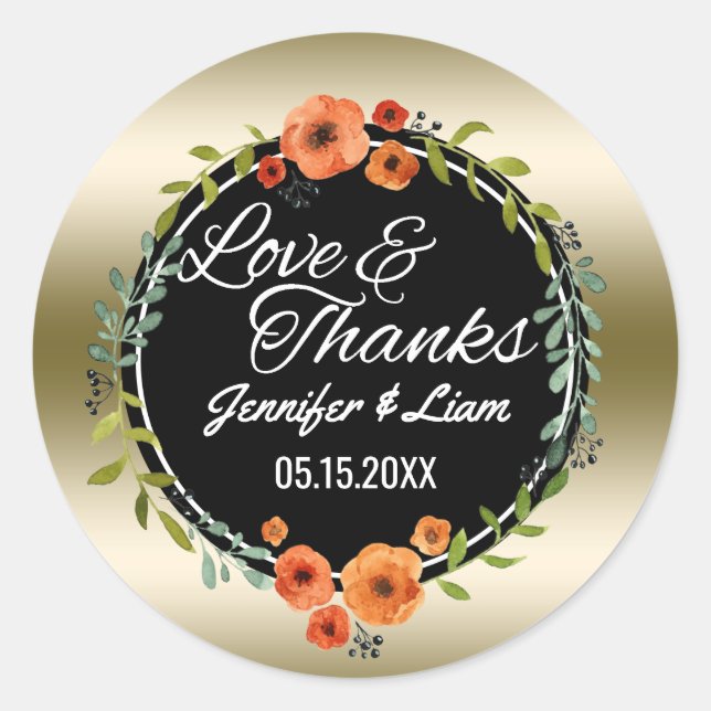 Love & Thanks Script | Gold Wedding Favour Classic Round Sticker (Front)