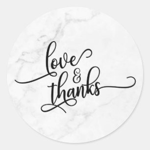 Love & Thanks Script Over White Marble Classic Round Sticker