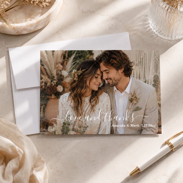 Love & Thanks Script Photo Boho Wedding  Thank You Card (Creator Uploaded)