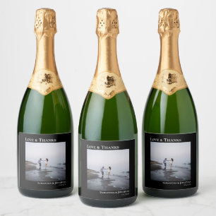 Love & Thanks Simple Black Modern Wedding Photo Sparkling Wine Label