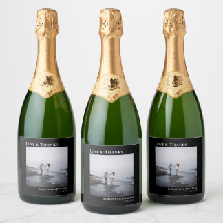Love & Thanks Simple Black Modern Wedding Photo Sparkling Wine Label