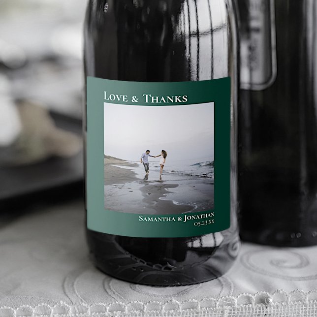 Love & Thanks Simple Emerald Green Wedding Photo Sparkling Wine Label (Creator Uploaded)