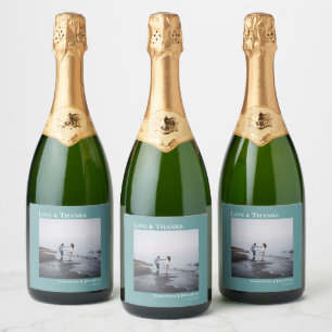 Love & Thanks Simple Minimalist Teal Wedding Sparkling Wine Label