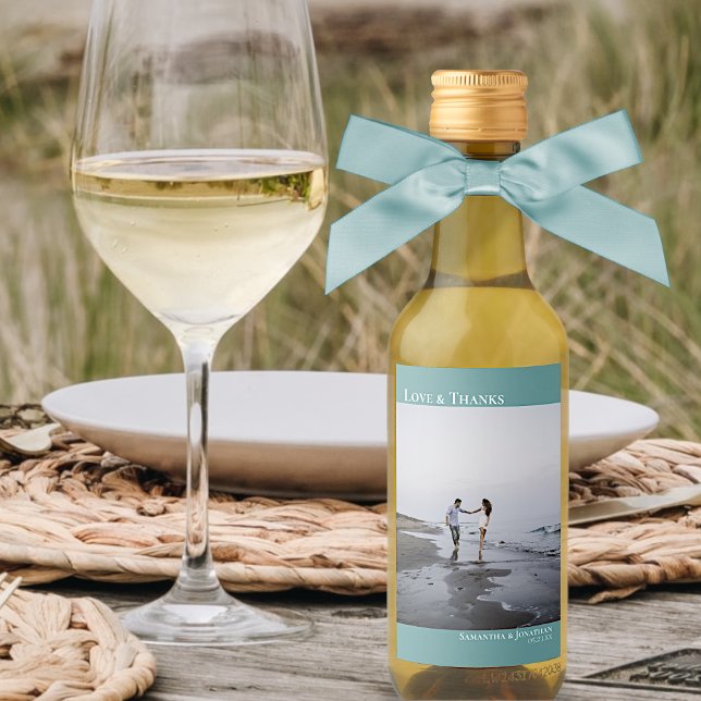 Love & Thanks Teal Simple Wedding Photo Mini Wine Label (Creator Uploaded)