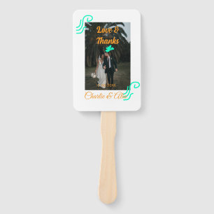 Love & thanks wedding couple photo modern add oran hand fan