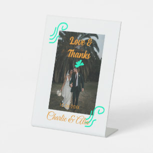 Love & thanks wedding couple photo modern add oran pedestal sign