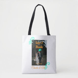 Love & thanks wedding couple photo modern add oran tote bag
