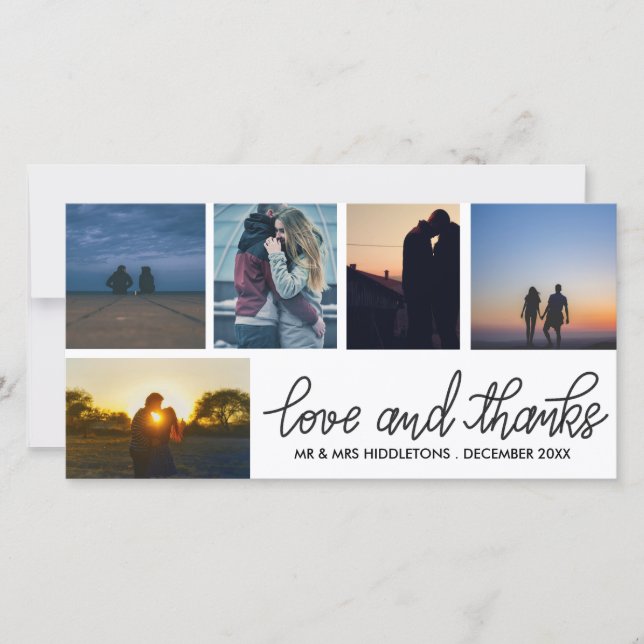 Love & Thanks Wedding Script Five Photo Collage Thank You Card (Front)